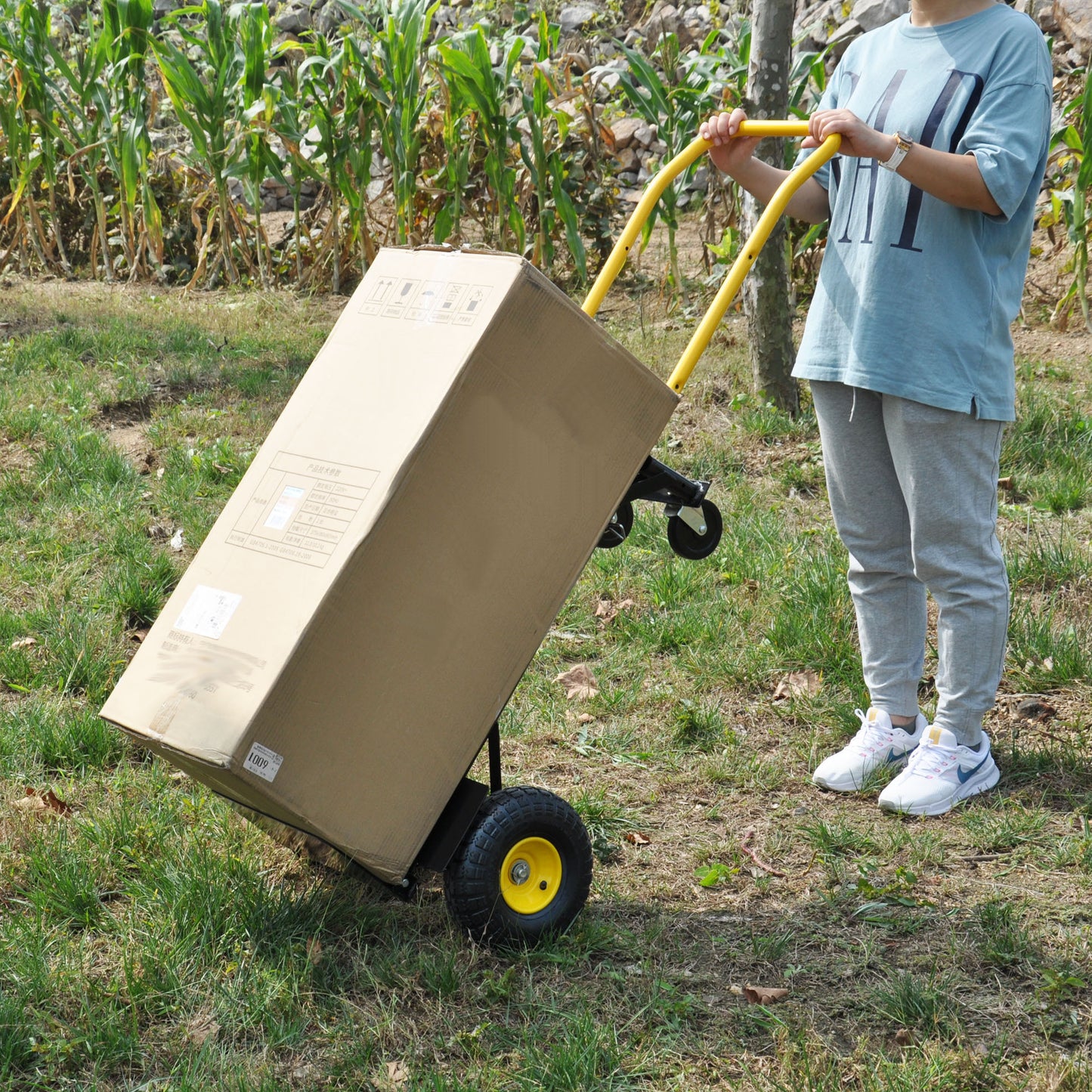 HT1002BK-YL   Hand Truck Dual Purpose 2 Wheel Dolly Cart and 4 Wheel Push Cart with Swivel Wheels 330 Lbs Capacity Heavy Duty Platform Cart for Moving/Warehouse/Garden/Grocery