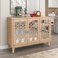 TREXM Sideboard with Glass Doors, 3 Door Mirrored Buffet Cabinet with Silver Handle for Living Room, Hallway, Dining Room (Natural Wood Wash)