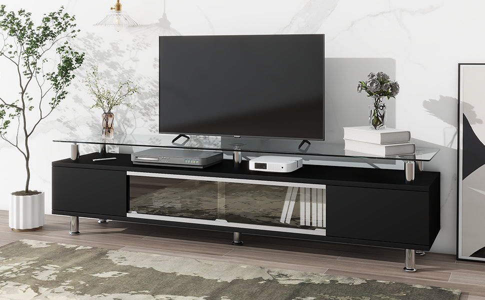 ON-TREND Sleek Design TV Stand with Silver Metal Legs for TV Up to 70", Tempered Glass TV Cabinet with Ample Storage Capacity, Contemporary Media Console with Sliding Glass Door for Living Room, Black