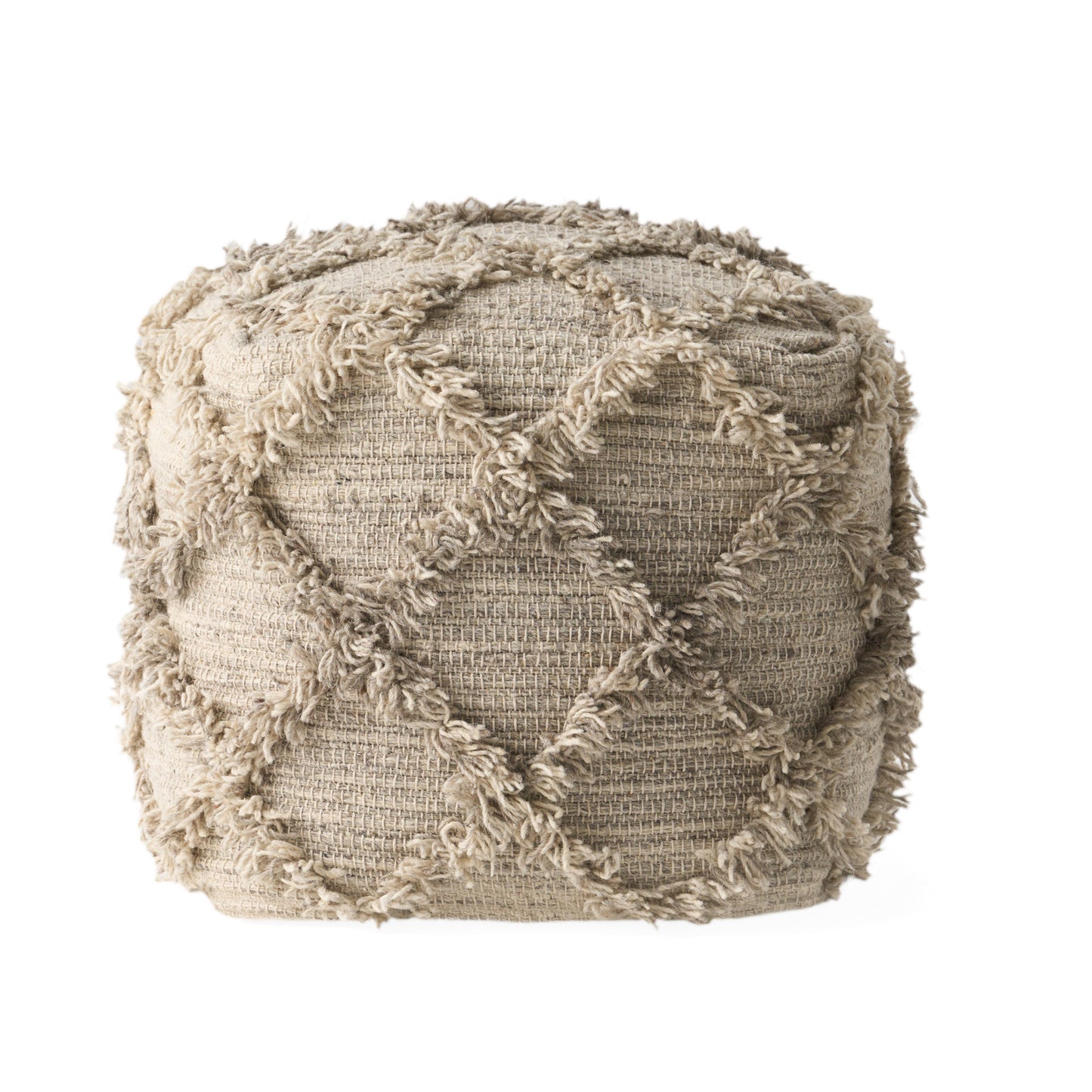 Jucar Handcrafted Boho Wool and Cotton Pouf, Gray