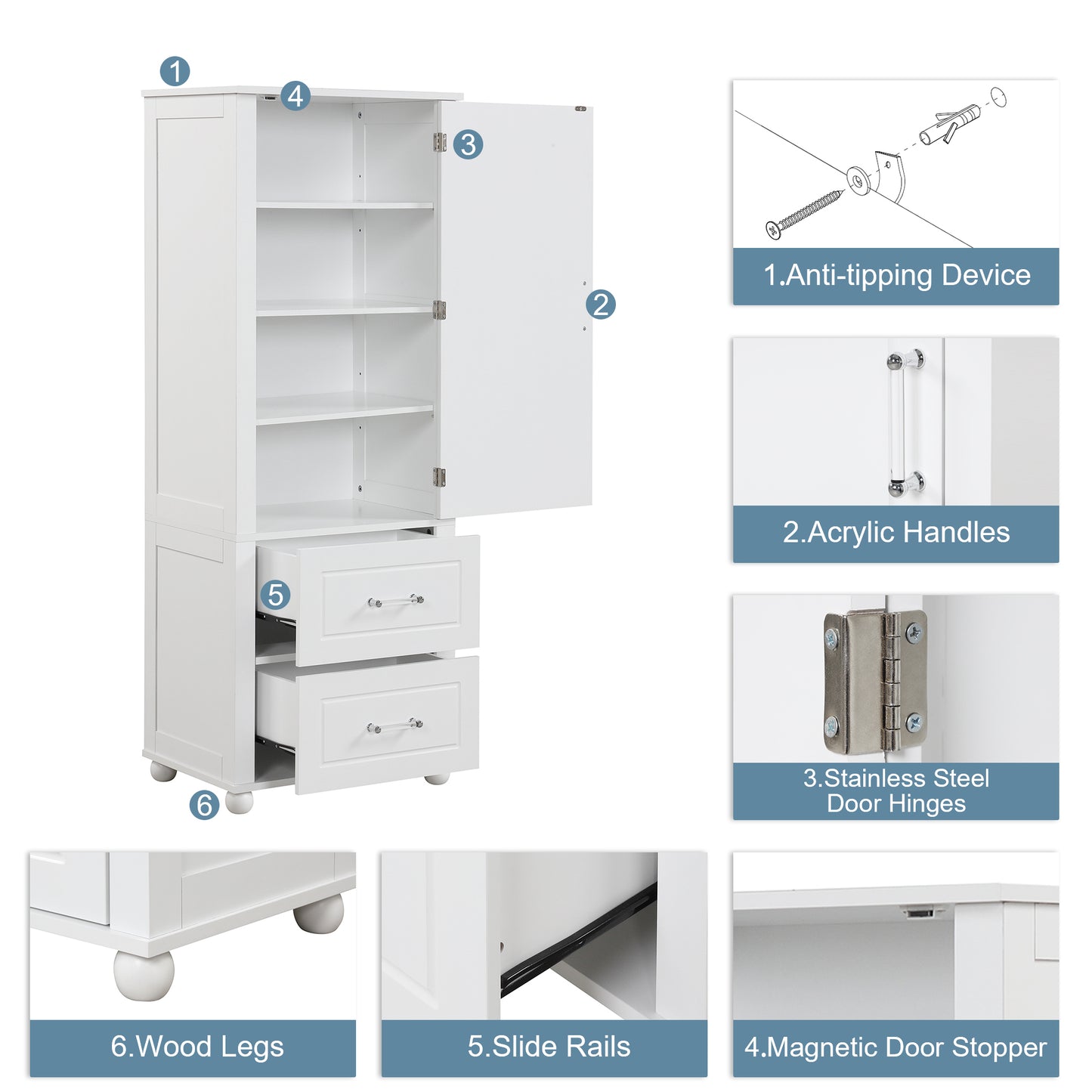 Tall Bathroom Storage Cabinet, Freestanding Storage Cabinet with Two Drawers and Adjustable Shelf, MDF Board with Painted Finish, White