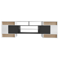 ON-TREND Unique Shape TV Stand with 2 Illuminated Glass Shelves, High Gloss Entertainment Center for TVs Up to 80", Versatile TV Cabinet with LED Color Changing Lights for Living Room, Black&White