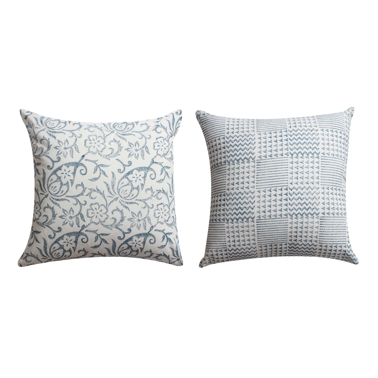 18 x 18 Square Cotton Accent Throw Pillow, Paisley Floral and Square Patterns, Set of 2, White, Blue