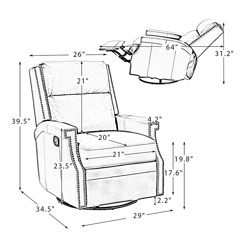 Louise Genuine Leather Swivel Rocker Recliner-BLACK