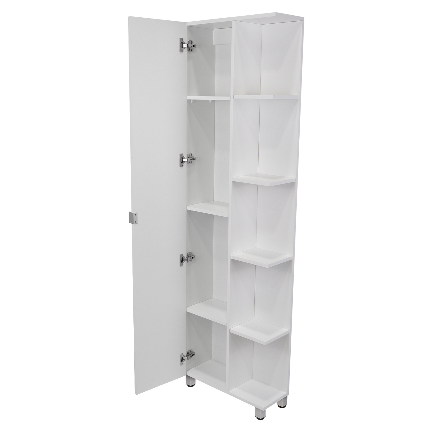 Corner Cabinet Womppi, Five Open Shelves, Single Door, White Finish