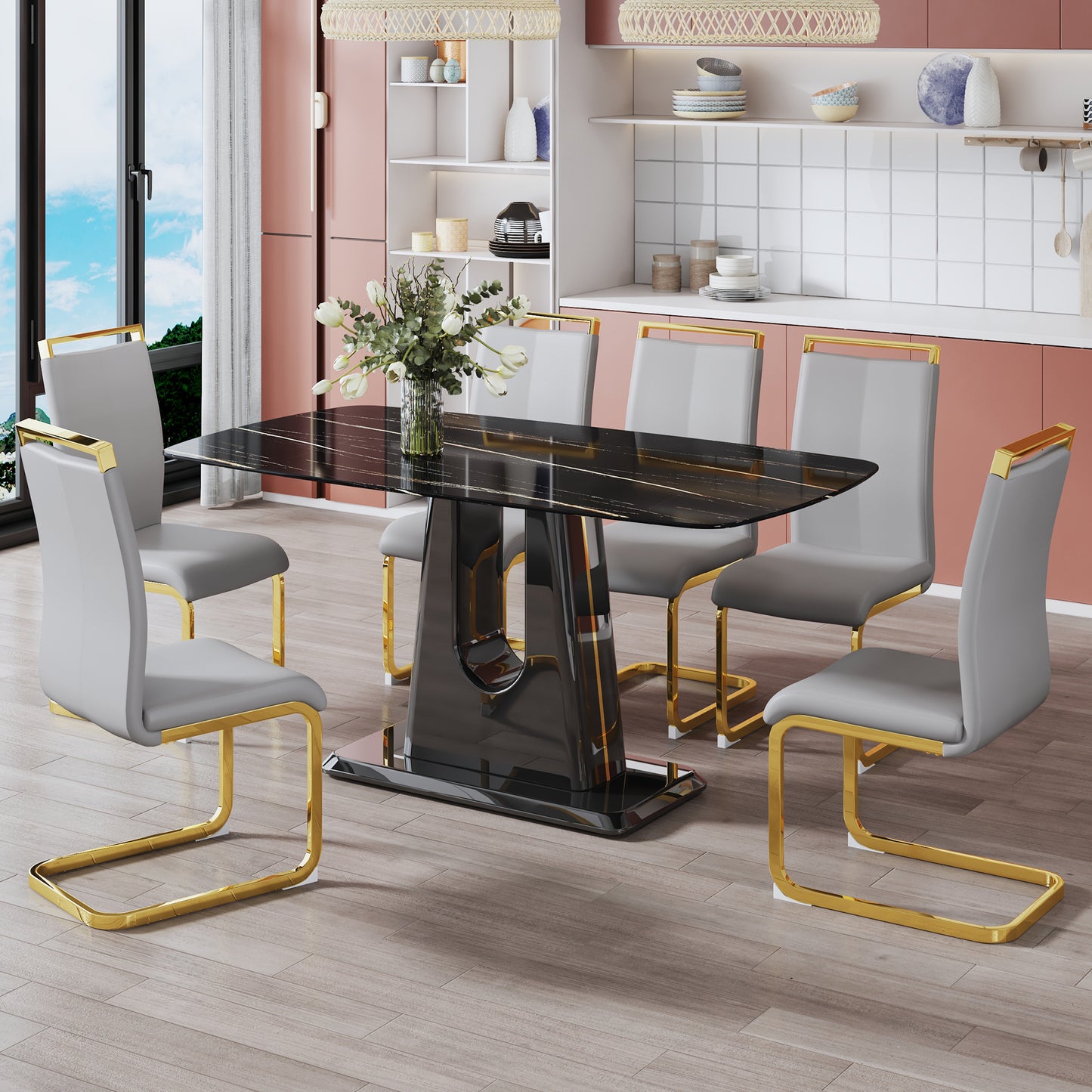 A modern, minimalist, and luxurious table. A black imitation marble tabletop with MDF U-shaped legs. Dining table, computer table. For restaurants and living rooms 63" * 35.4"* 30" F-U