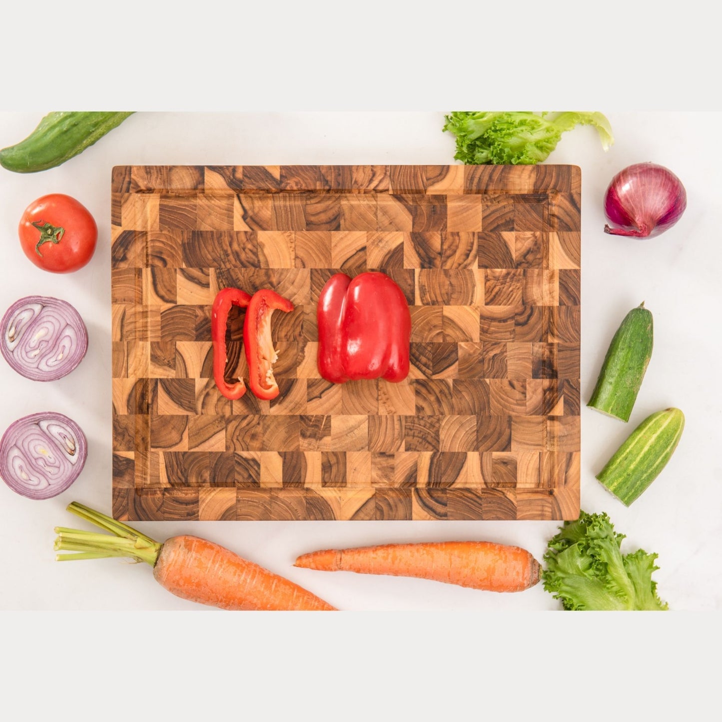 End Grain Teak Cutting Board Reversible Chopping Serving Board Multipurpose Food Safe Thick Board, Medium Size 18x14x1.5 inches (1PCS)