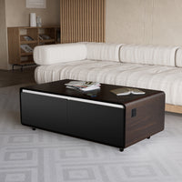 Modern Smart Coffee Table with Built-in Fridge, Bluetooth Speaker, Wireless Charging Module, Touch Control Panel, Power Socket, USB Interface, Outlet Protection, Atmosphere light, and More