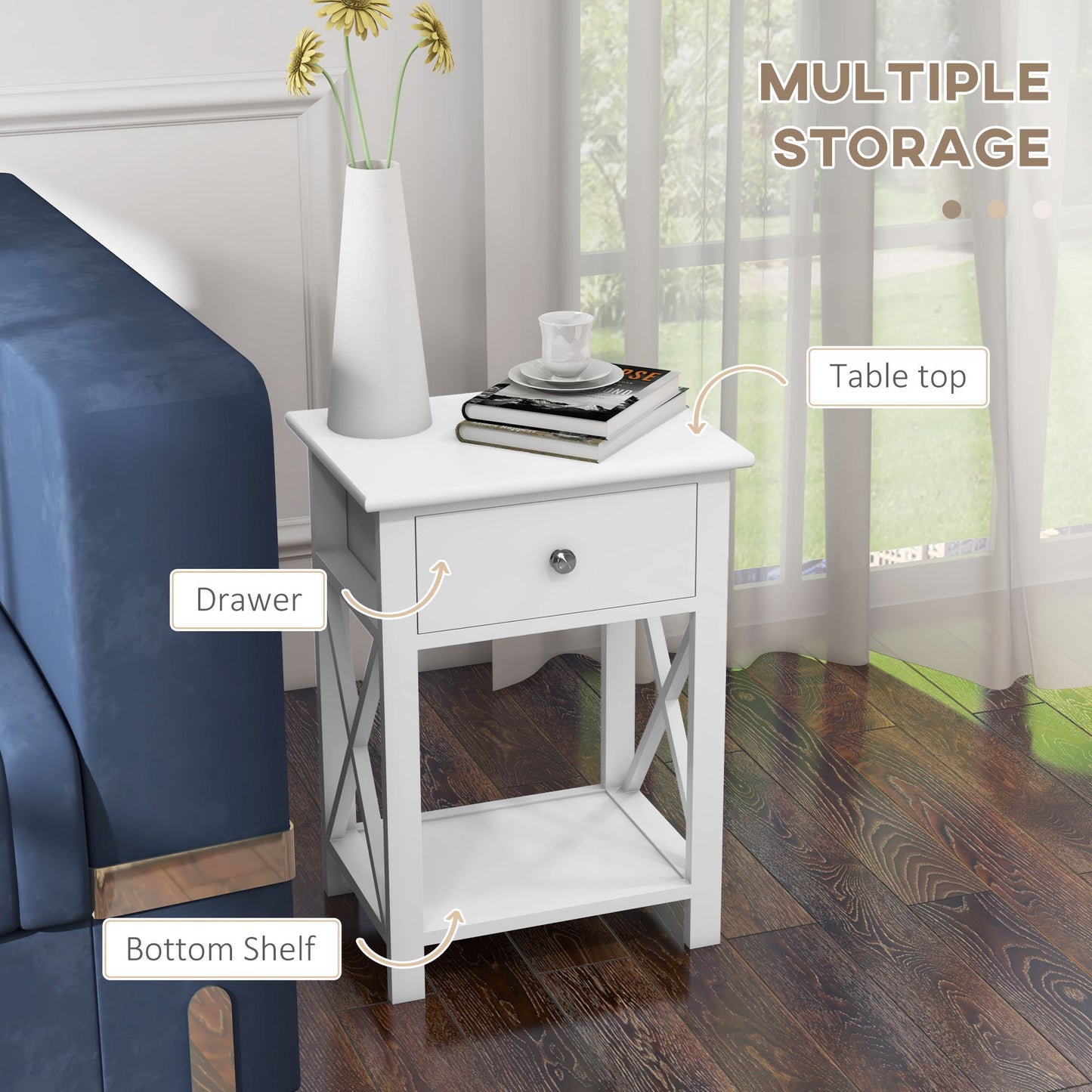 HOMCOM Side Table, Farmhouse End Table with Storage Drawer, Open Shelf and X-frame, Bedside Table for Living Room, White