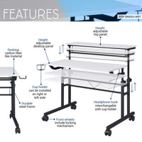 Techni Mobili Rolling Writing Desk with Height Adjustable Desktop and Moveable Shelf, White