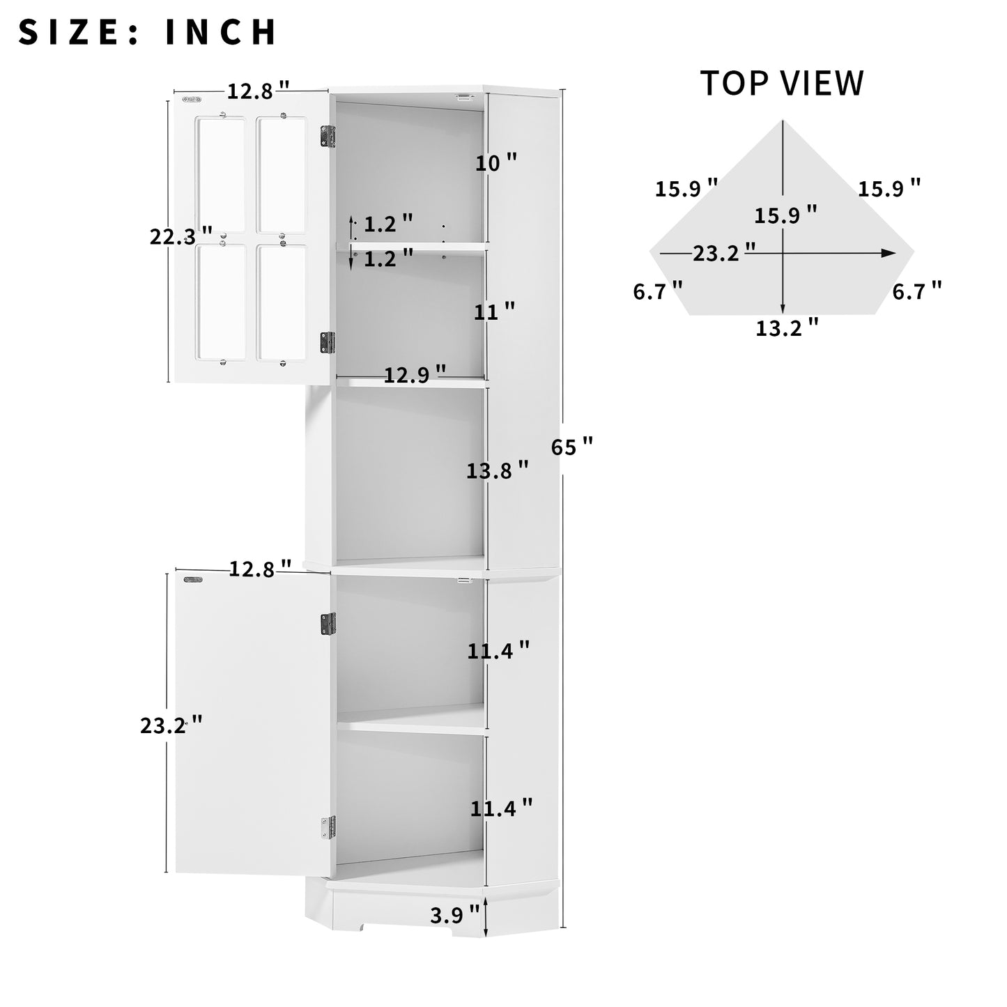 Tall Bathroom Storage Cabinet, Corner Cabinet with Glass Door, Open Storage, Adjustable Shelf, White