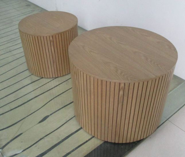 MDF nested table set 2 pieces, handcrafted round coffee table in living/lounge area, walnut color