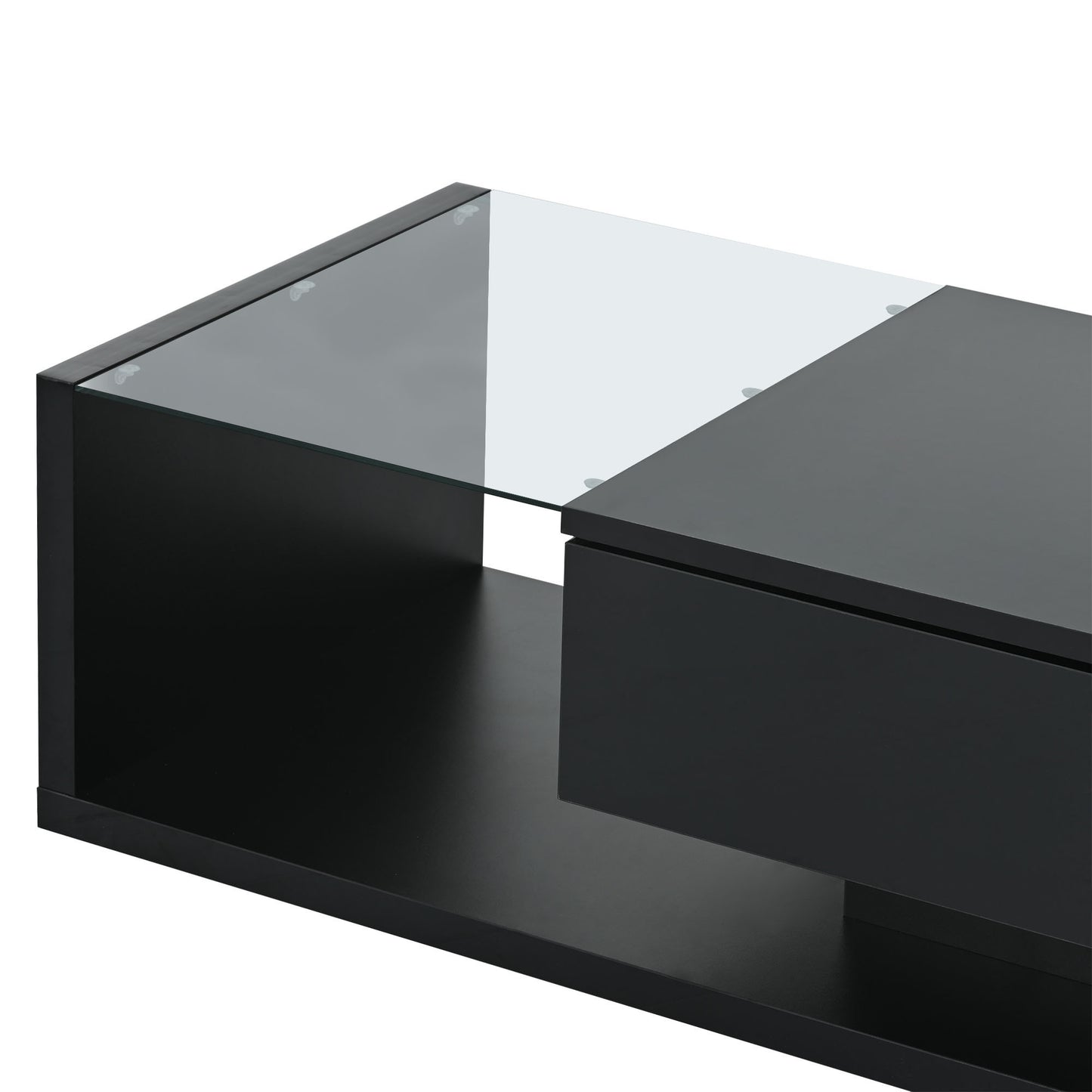 ON-TREND Modern Coffee Table with Tempered Glass, Wooden Cocktail Table with High-gloss UV Surface, Modernist 2-Tier Rectangle Center Table for Living Room, Black