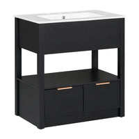 30" Bathroom Vanity with Sink Top, Bathroom Cabinet with Open Storage Shelf and Two Drawers, One Package, Black