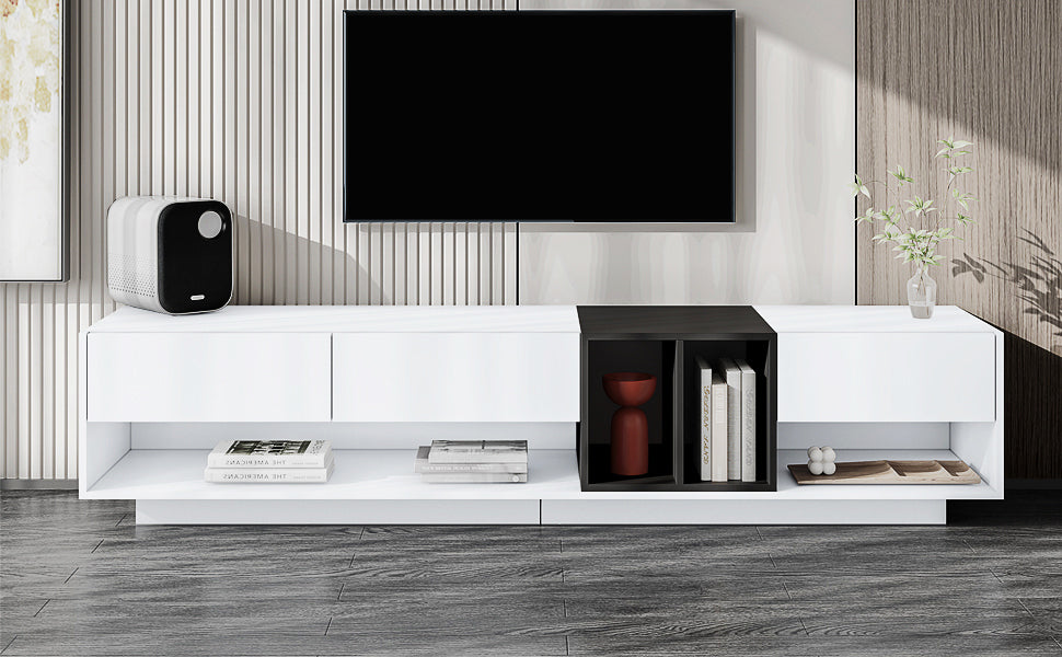 ON-TREND Sleek and Stylish TV Stand with Perfect Storage Solution, Two-tone Media Console for TVs Up to 80'', Functional TV Cabinet with Versatile Compartment for Living Room, White