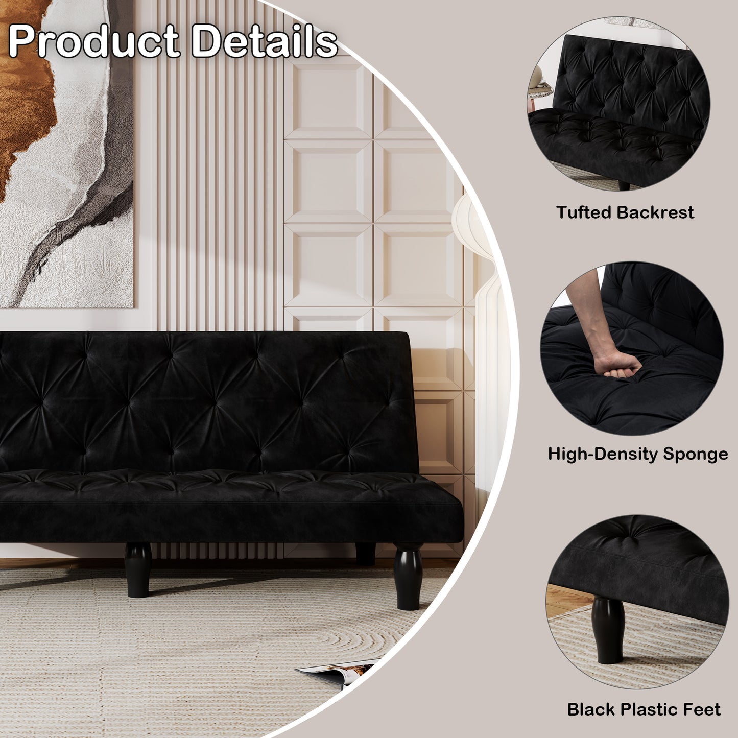 2534B Sofa converts into sofa bed 66" black velvet sofa bed suitable for family living room, apartment, bedroom