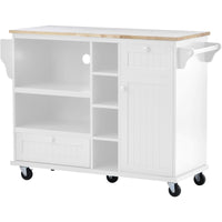 Kitchen Island Cart with Storage Cabinet and Two Locking Wheels,Solid wood desktop,Microwave cabinet,Floor Standing Buffet Server Sideboard for Kitchen Room,Dining Room,, Bathroom(White)