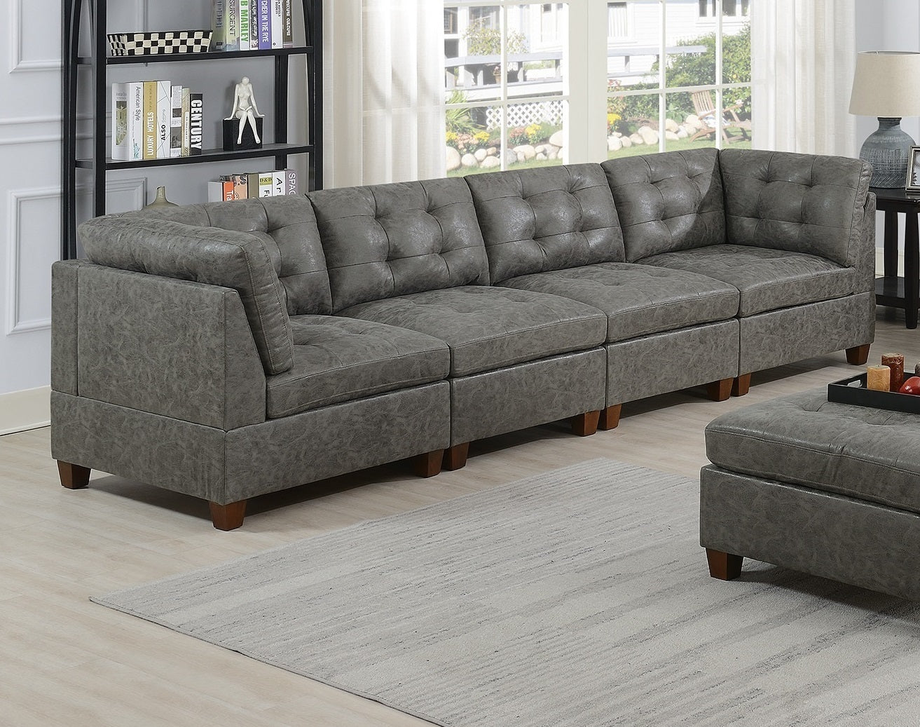 Living Room Furniture Antique Grey Modular Sofa Set 8pc Set Breathable Leatherette Tufted Couch 4x Corner Wedge 3x Armless Chairs and 1x Ottoman