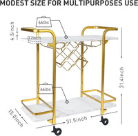 Deluxe Gold Bar Cart, with Glass Holders and Wine Racks, Modern Marbled Solid Wood Cart on Silent Wheels, 2-Tier Premium Texture Bar Cart for Kitchen and Dining Room Outdoor