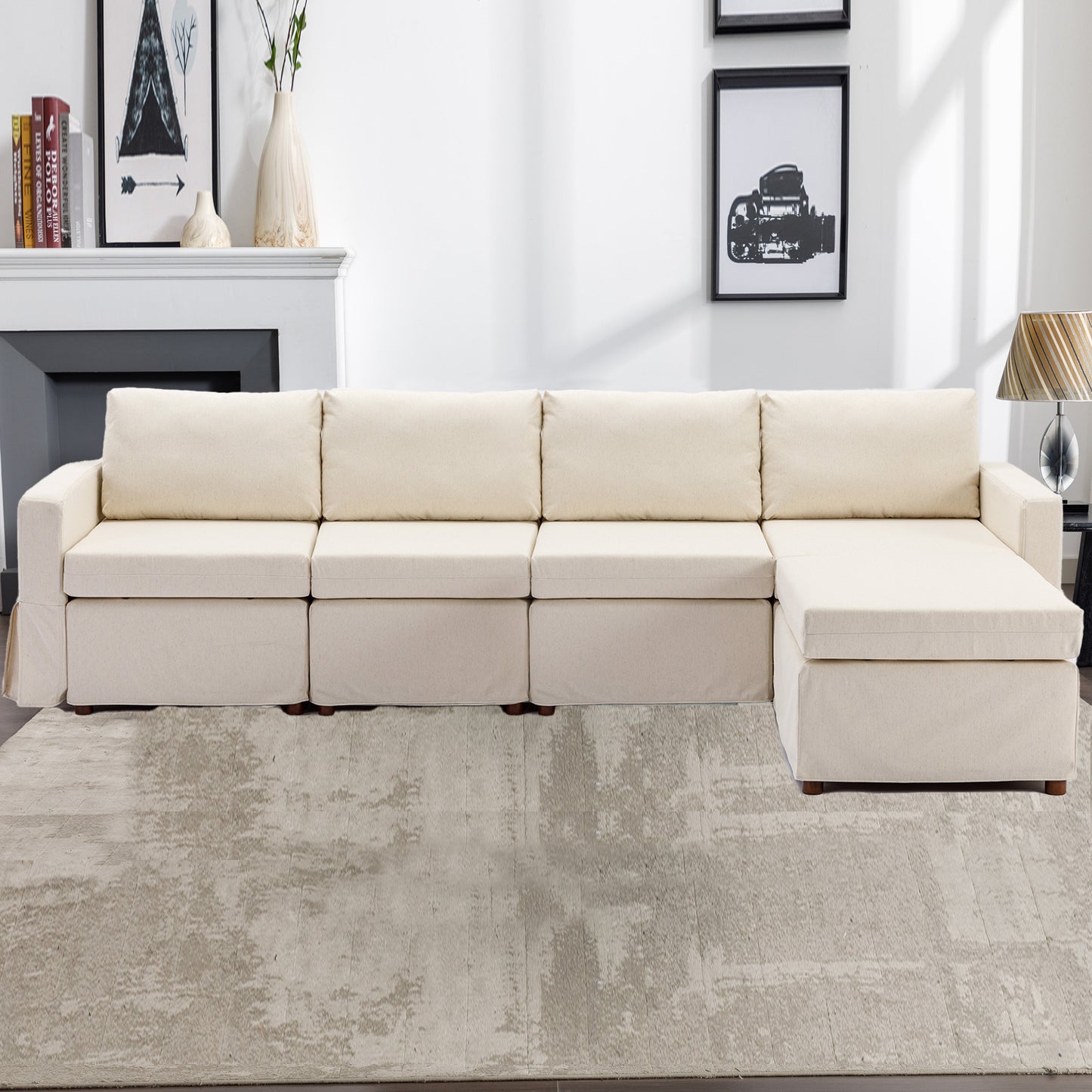 4 Seat Module Sectional Sofa Couch With 1 Ottoman,Seat Cushion and Back Cushion Removable and Washable,Cream