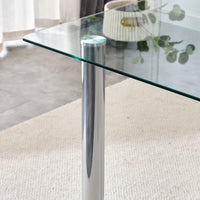 Modern minimalist glass dining table. A transparent tempered glass desktop with a thickness of 0.3 feet and silver metal legs. Suitable for restaurants and living rooms.   51"*31.4"*29.5"