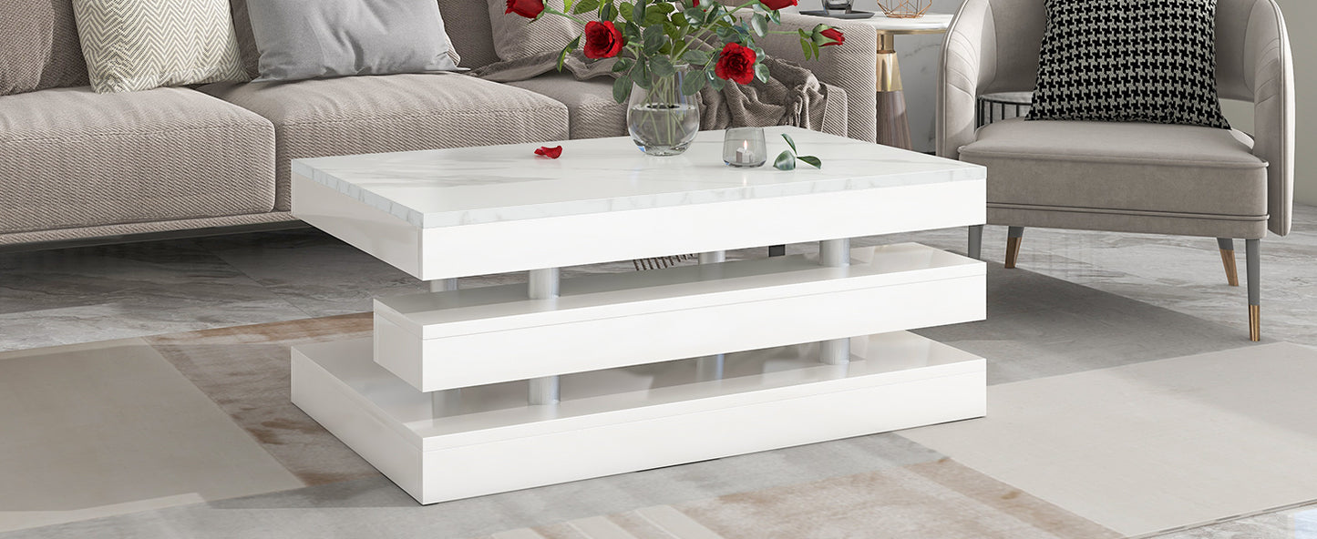 ON-TREND Modern 2-Tier Coffee Table with Silver Metal Legs, Rectangle Cocktail Table with High-gloss UV Surface, Minimalist Design Center Table for Living Room, White