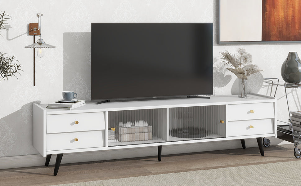 ON-TREND Contemporary TV Stand with Sliding Fluted Glass Doors, Slanted Drawers Media Console for TVs Up to 70", Chic Elegant TV Cabinet with Golden Metal Handles , White