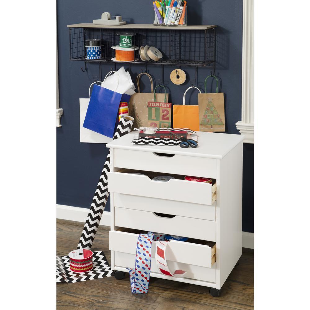 Six Drawer Wide Roll Storage Cart, White Finish, Office and Home Furniture