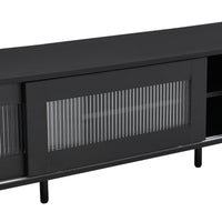 ON-TREND Chic Elegant Design TV Stand with Sliding Fluted Glass Doors, Slanted Drawers Media Console for TVs Up to 75", Modern TV Cabinet with Ample Storage Space, Black