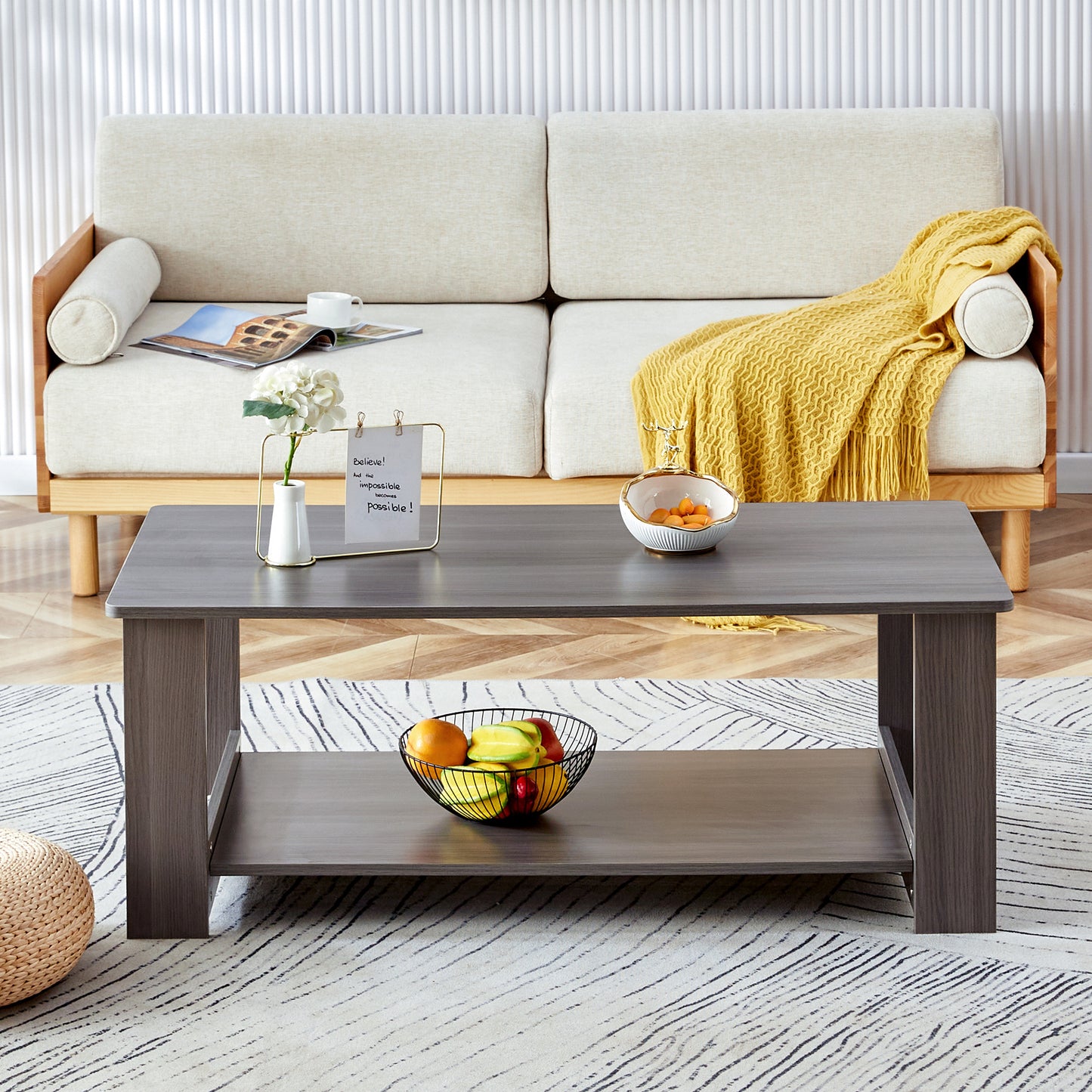 A modern and practical gray textured coffee table,tea table.Double layered coffee table made of MDF material,. Suitable for living room,bedroom and study room. 43.3"*21.6"*16.5"   CT-16