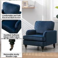 Velvet Accent Chair, Sofa Armchair with Casters, Mid-Century Modern Velvet Upholstered Comfort Oversized Armchair with Wooden Legs, Reading Chair，Living Room Chair, Dark  Blue