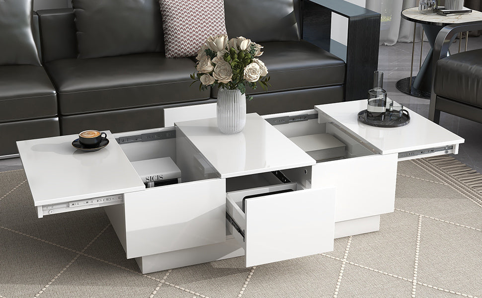 ON-TREND Multifunctional Coffee Table with 2 large Hidden Storage Compartment, Extendable Cocktail Table with 2 Drawers, High-gloss Center Table with Sliding Top for Living Room, 39.3"x21.6", White