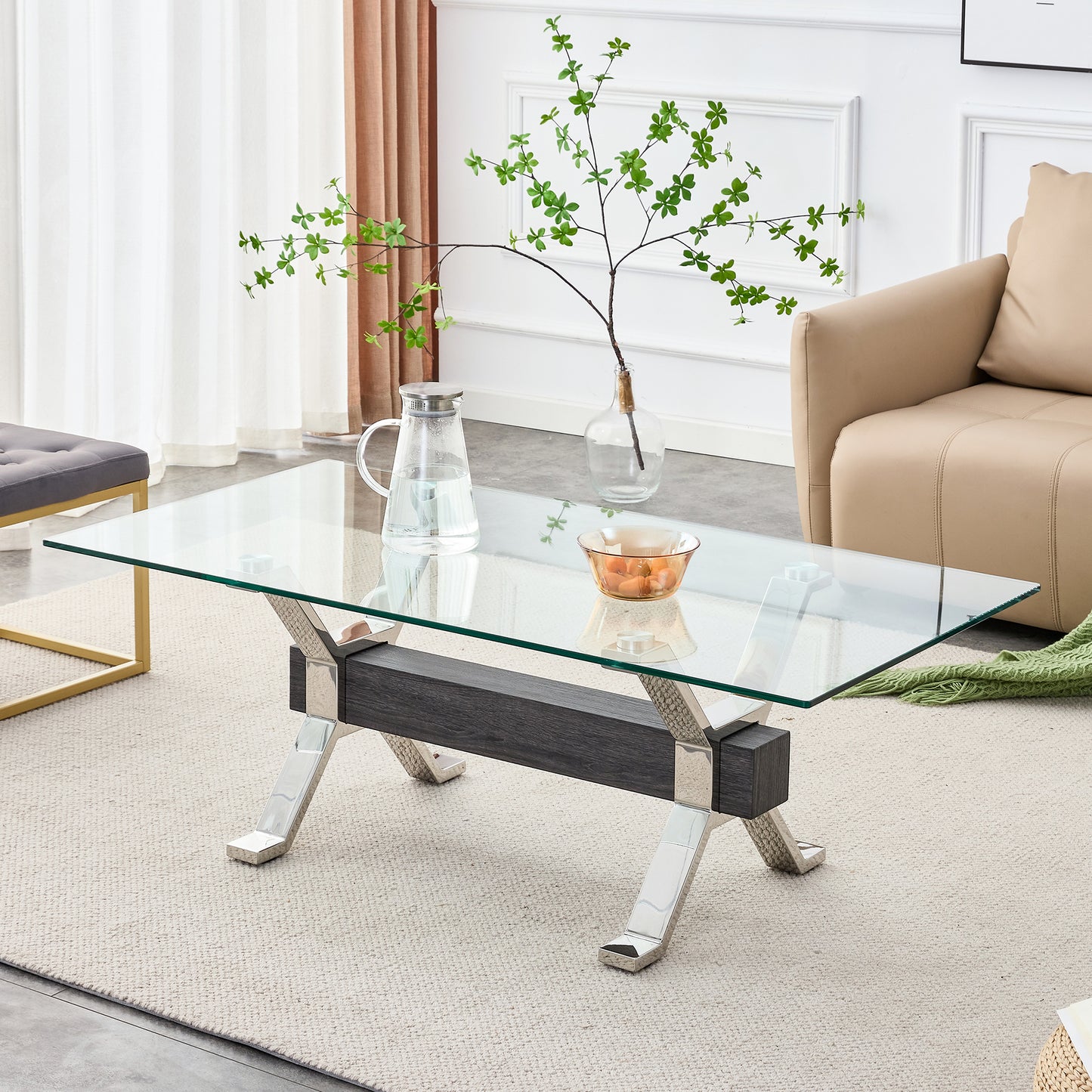 Tea table.Dining Table.Contemporary Tempered Glass Coffee Table with Plating Metal Legs and MDF Crossbar, For Home and Office.