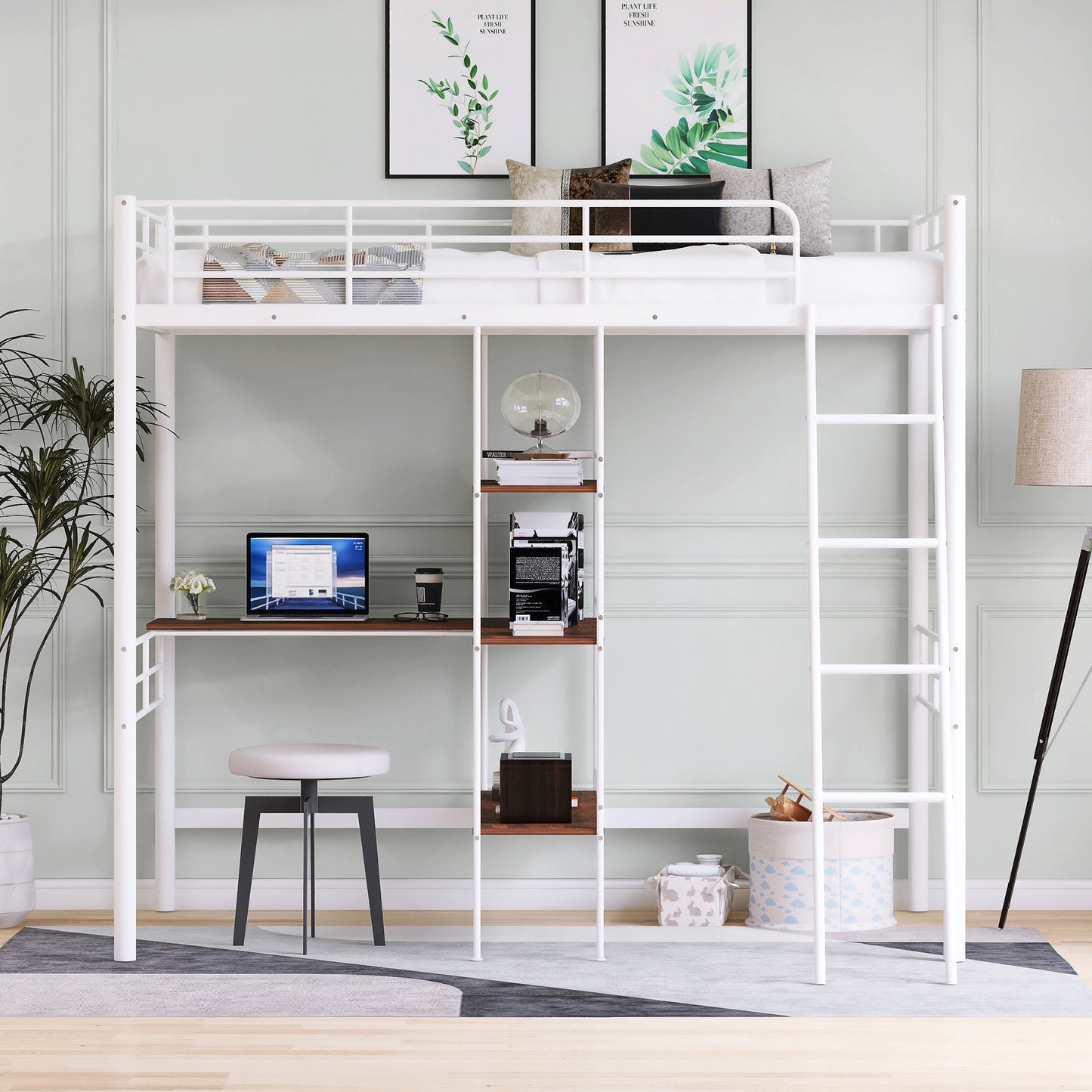 Twin Size Metal Loft Bed and Built-in Desk and Shelves,White(OLD SKU:WF280270AAK)