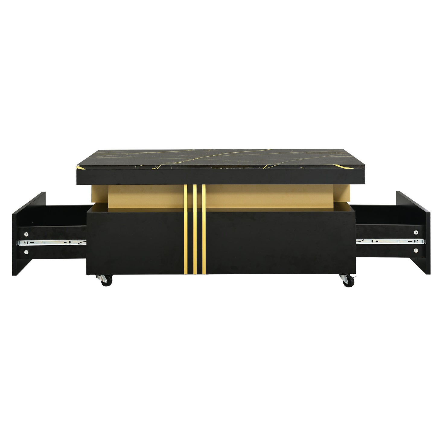 ON-TREND Contemporary Coffee Table with Faux Marble Top, Rectangle Cocktail Table with Caster Wheels, Moderate Luxury Center Table with Gold Metal Bars for Living Room, Black