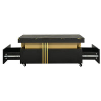 ON-TREND Contemporary Coffee Table with Faux Marble Top, Rectangle Cocktail Table with Caster Wheels, Moderate Luxury Center Table with Gold Metal Bars for Living Room, Black