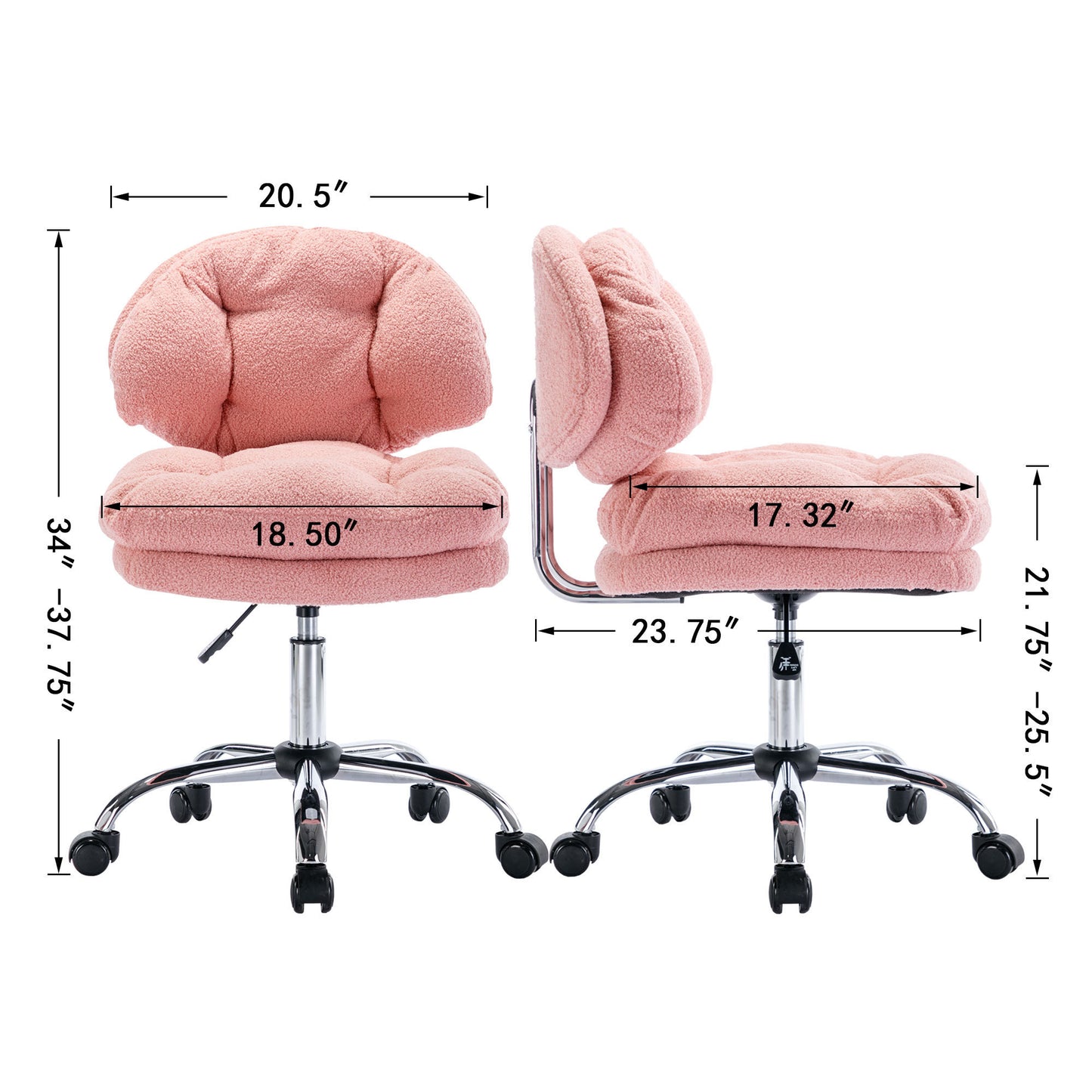 Teddy Velvet Makeup Pink Home Office Chair Bling Desk, Nail Desk for Women,Vanity Chair, Adjustable Height, Rolling Wheels