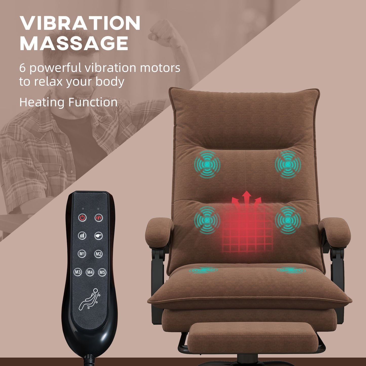 Vinsetto Executive Massage Office Chair with 6 Vibration Points, Microfiber Computer Desk Chair, Heated Reclining Chair with Footrest, Armrest, Double Padding, Brown