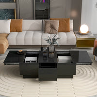 ON-TREND Multifunctional Coffee Table with 2 large Hidden Storage Compartment, Extendable Cocktail Table with 2 Drawers, High-gloss Center Table with Sliding Top for Living Room, 39.3"x21.6", Black