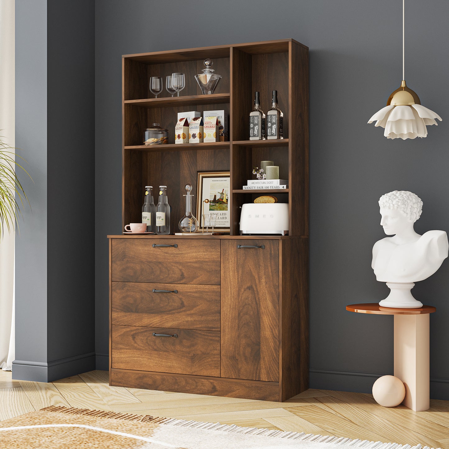 Large Kitchen Pantry Storage Cabinet with Drawers & Open Shelves, Freestanding Kitchen Cupboard Buffet Cabinet