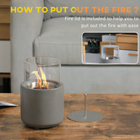 HOMCOM Tabletop Fireplace, Mini Concrete Ethanol Fire Bowl with Lid, Burns up with Liquid Alcohol and Solid Tablet Alcohol, Light Grey