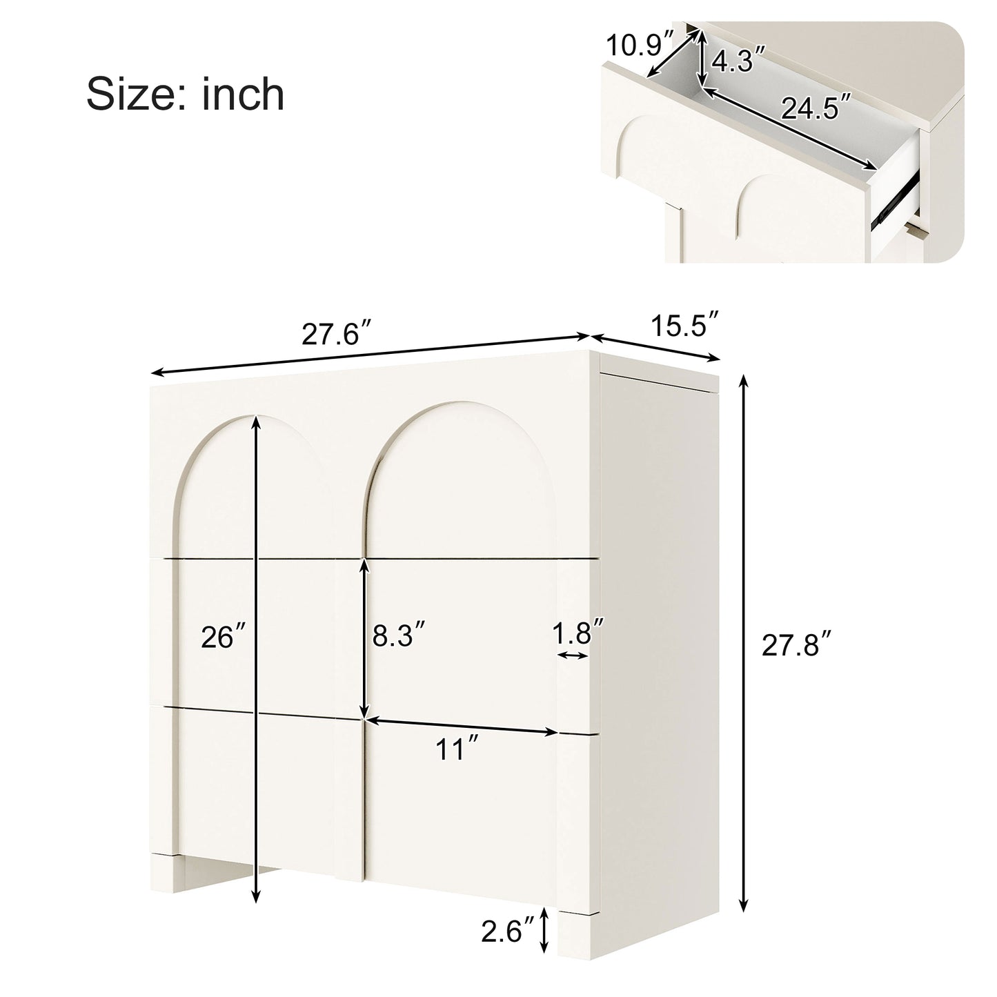 Modern Style Three-Drawer Chest Sideboard Cabinet Ample Storage Spaces for Living Room, Children's Room, Adult Room, Half Gloss White