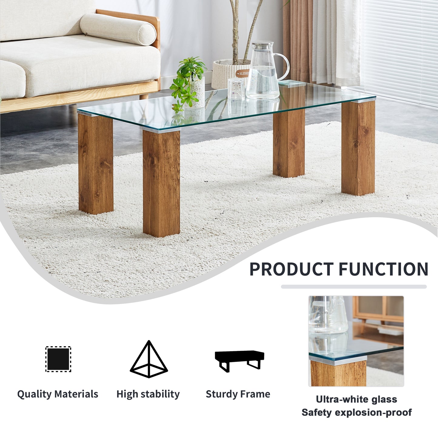 Glass-Top Coffee Table,tea table, with MDF Legs - Stylish Blend of Elegance and Durability 44.9"*21.7"*16.9"