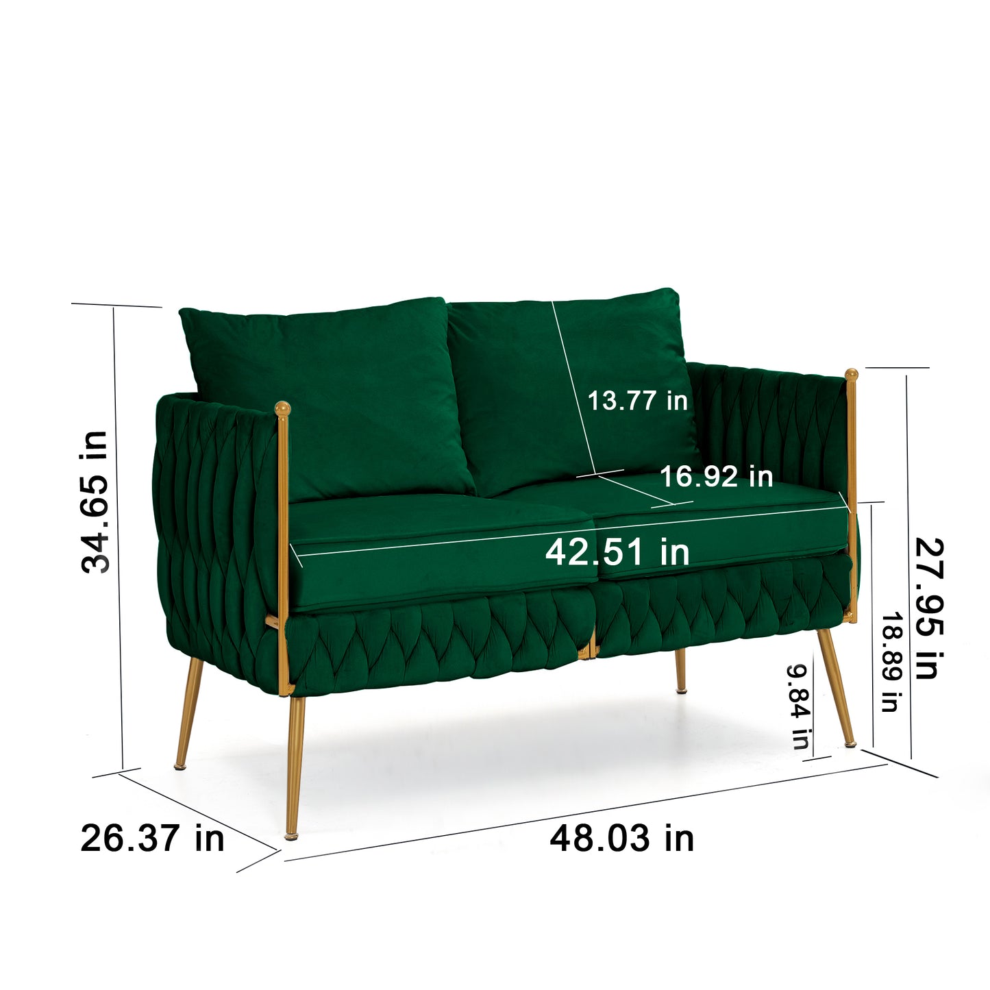 3 Piece Modern Velvet Upholstered Living Room Set with 3-Seater Sofa and 2 Loveseats, Handmade Woven Tufted Back and Arms, Golden Metal Legs, Green Velvet