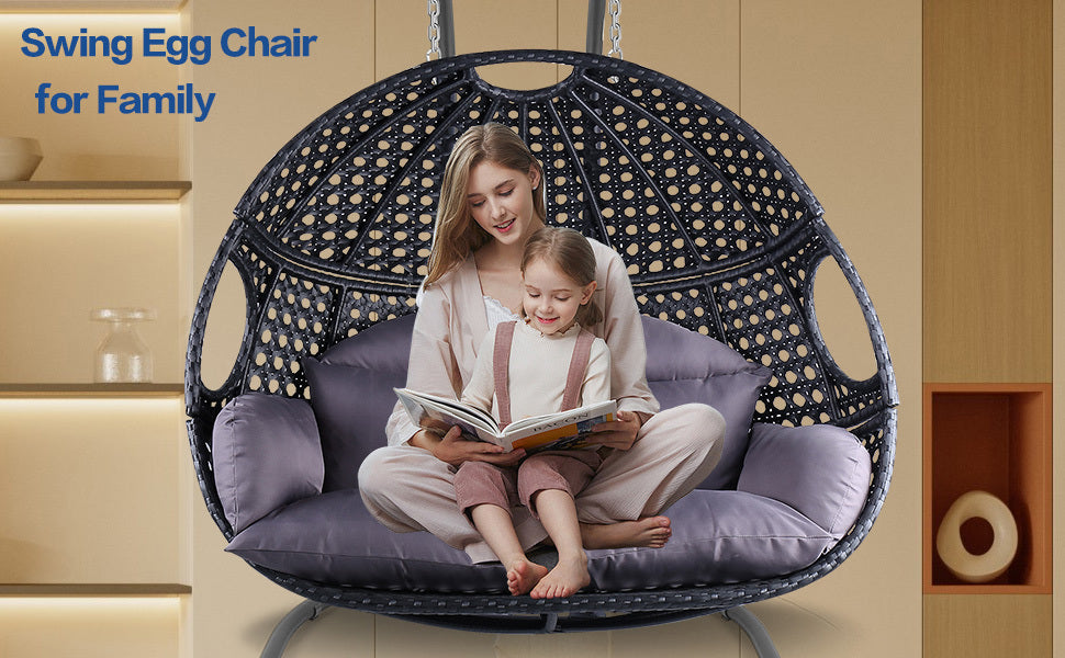 Double Swing Egg Chair with Stand Indoor Outdoor, UV Resistant Cushion 2 People Hanging Chair Anti-Rust Wicker Rattan Frame 530 lbs Capacity Oversized Hammock Chair for Patio Bedroom Balcony Black