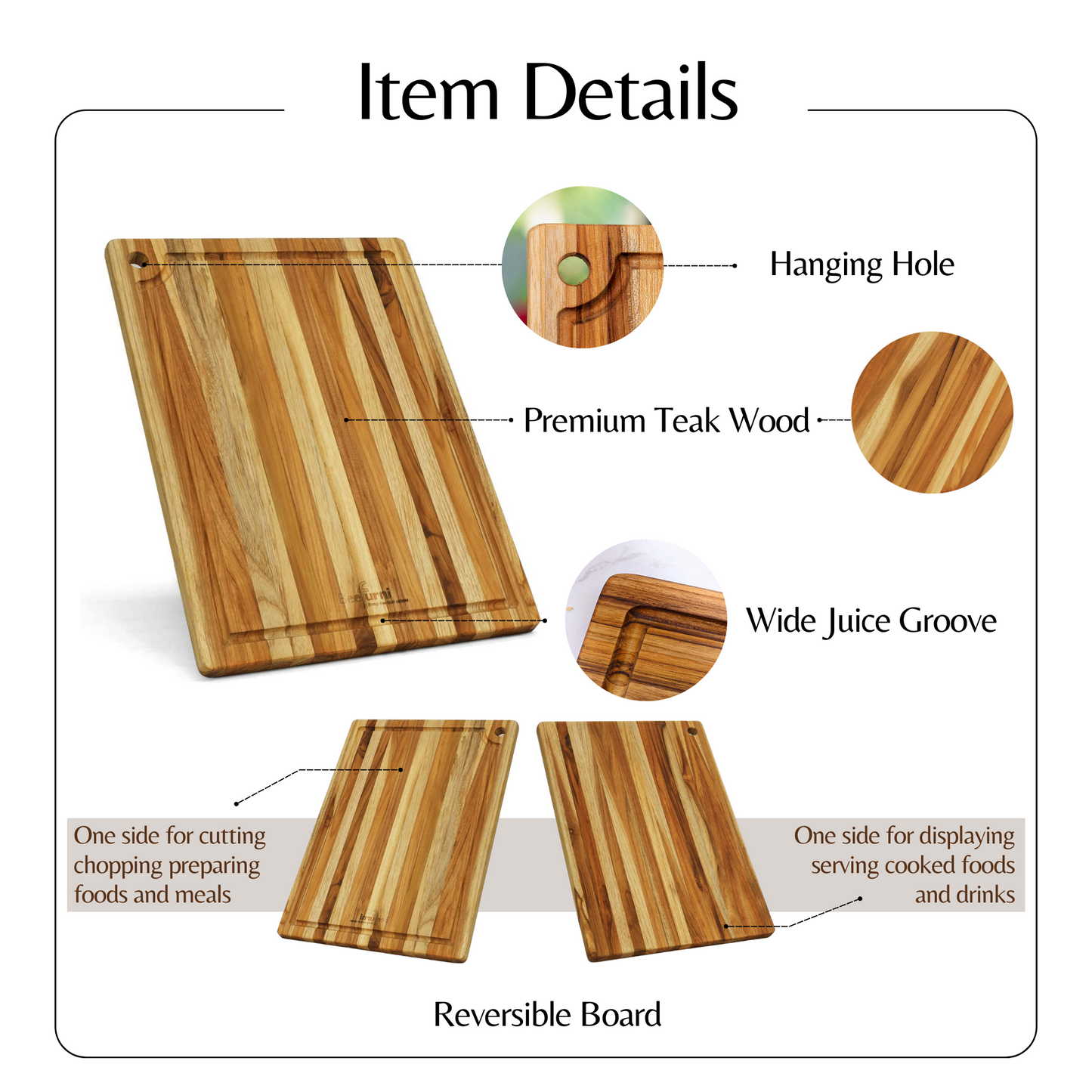 Teak Cutting Board Reversible Chopping Serving Board Multipurpose Food Safe Thick Board, Small Size 14x10x0.6 inches