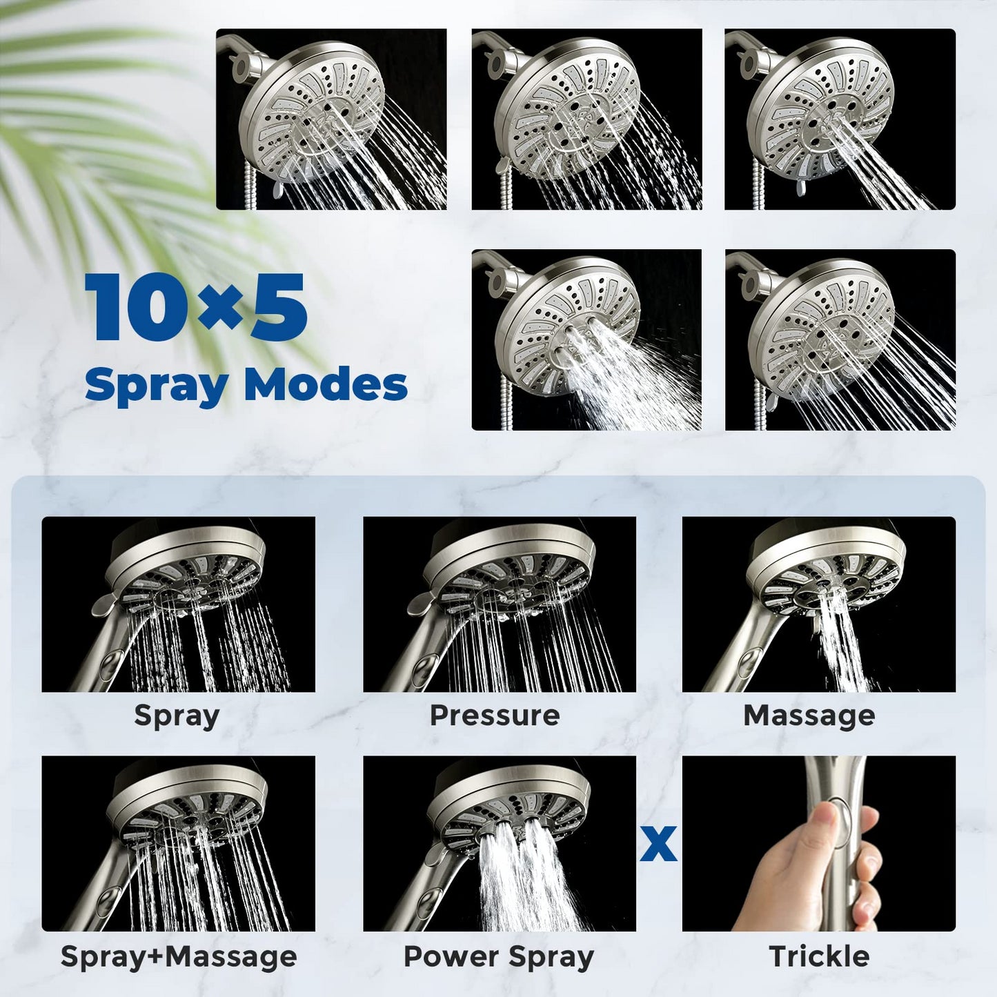 Shower Head Combo -  4.5'' 6-Setting Handheld Showerhead and 7'' 5-Setting Rainfall Spray, One Click for High Pressure/Trickle Mode, with 70'' Longer Stainless Steel Hose, Brushed Nickel