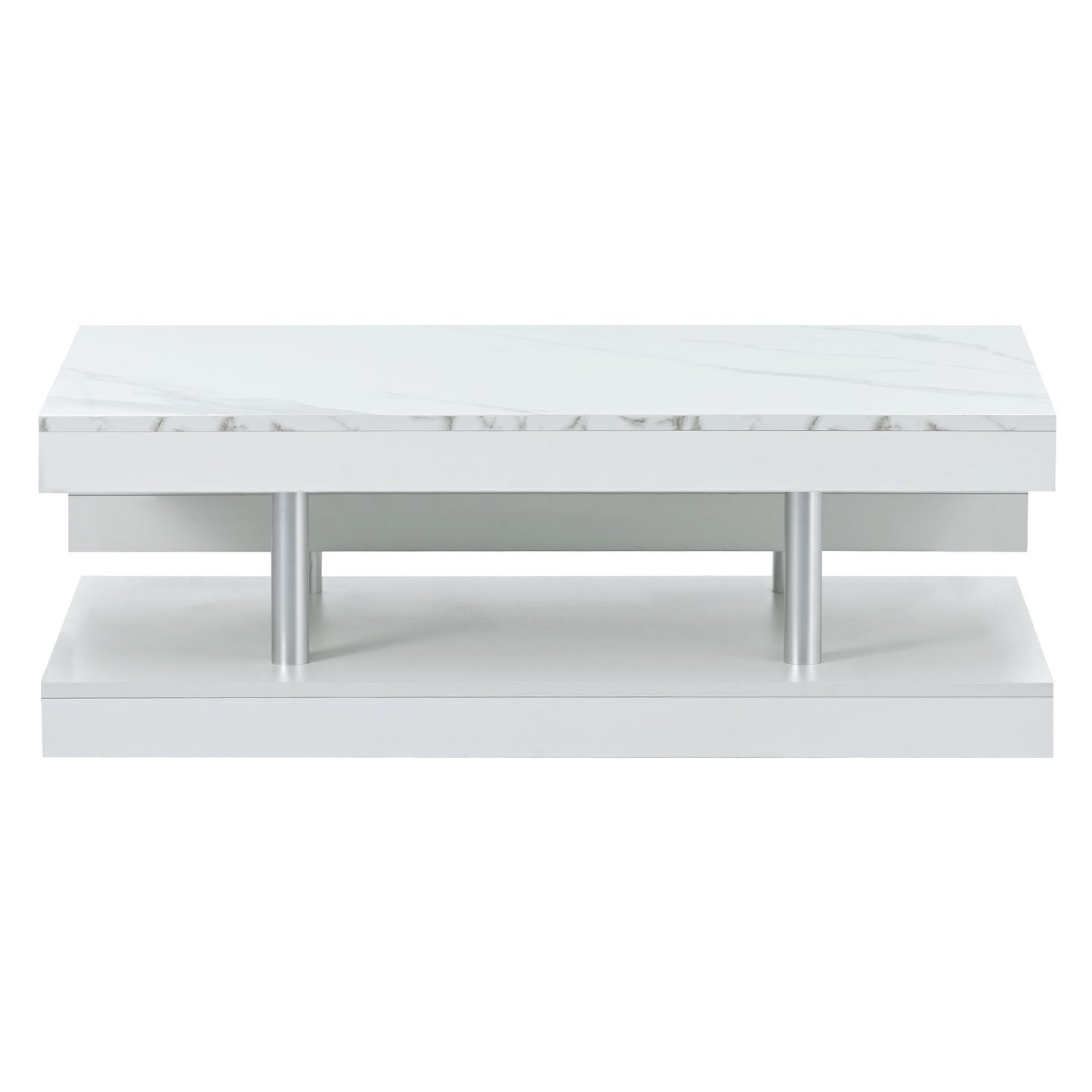 ON-TREND Modern 2-Tier Coffee Table with Silver Metal Legs, Rectangle Cocktail Table with High-gloss UV Surface, Minimalist Design Center Table for Living Room, White