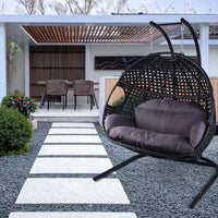 Double Swing Egg Chair with Stand Indoor Outdoor, UV Resistant Cushion 2 People Hanging Chair Anti-Rust Wicker Rattan Frame 530 lbs Capacity Oversized Hammock Chair for Patio Bedroom Balcony Black