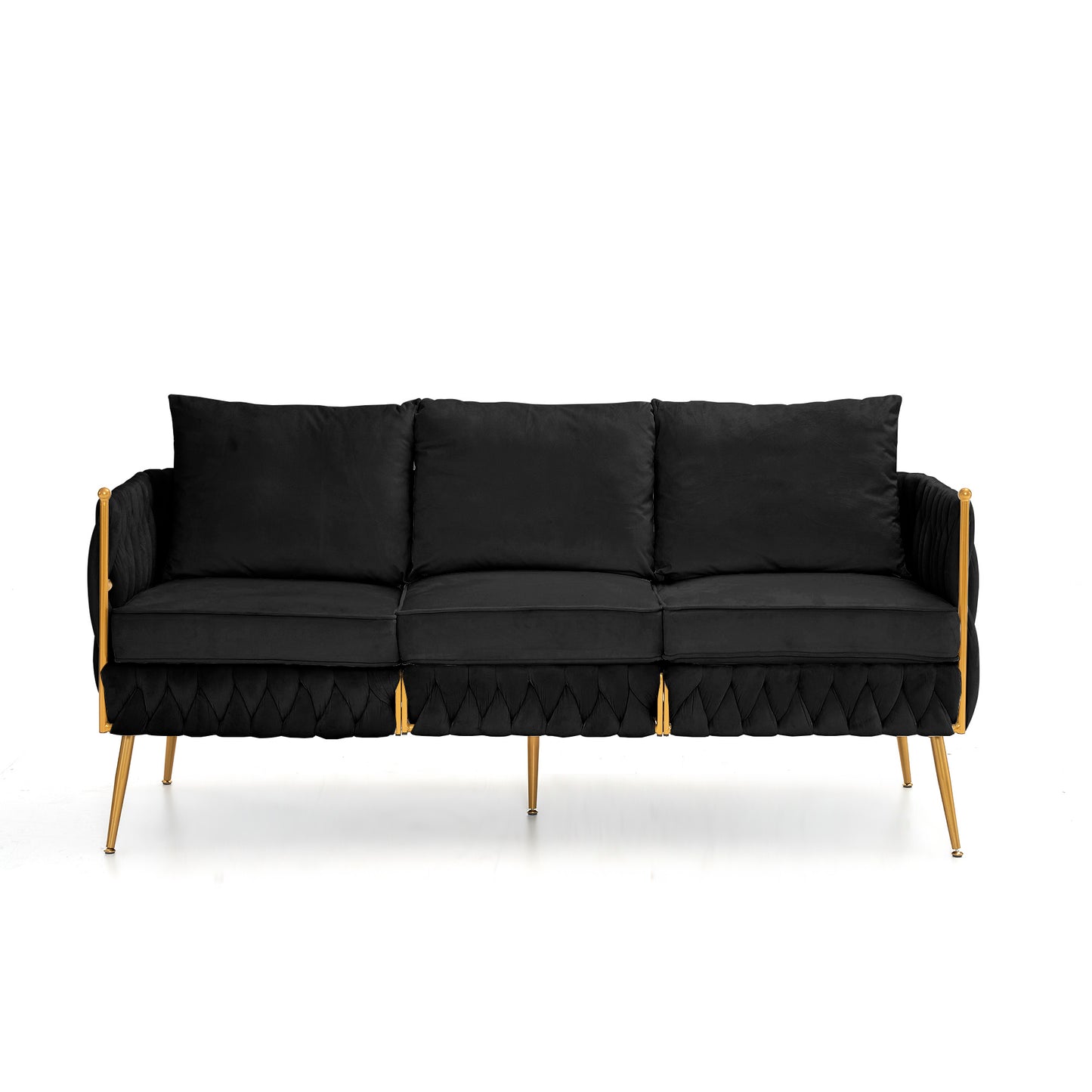 Velvet Sofa Set with Gold Legs, 2 Pieces of Modern Accent Chair and One piece of 3-Seater Sofa for Living Room, Comfy Upholstered Couch Set, Velvet Handmade Woven Back , Black Velvet